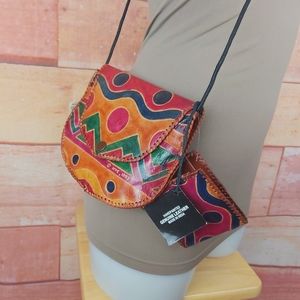 Genuine leather multi colored handpainted crossbody purse with matching wallet